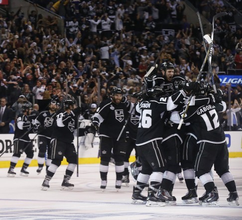 The Los Angeles Kings celebrate winning against the New York Rangers in game two of the Stanley Cup finals. Photo: MCT