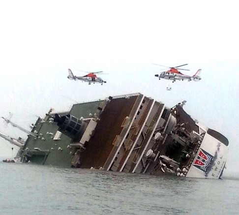 Helicopters fly over the sinking ferry. Photo: AP