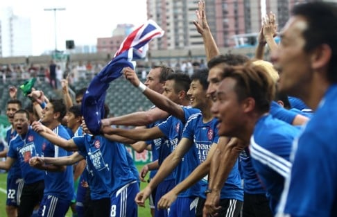 Eastern Salon celebrate their win over Kitchee at the HKFA's FA Cup final held at Hong Kong Stadium in May. Photo: Jonathan Wong