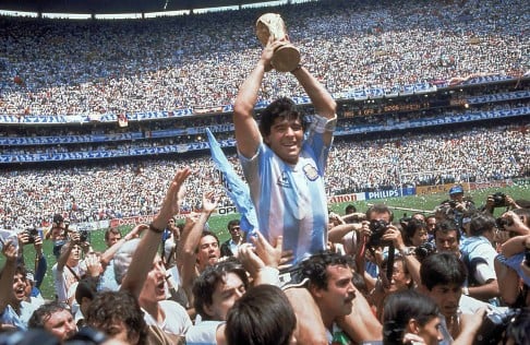 On June 29, 1986, Diego Maradona, holds up the trophy after Argentina beat West Germany 3-2 in their World Cup final at the Atzeca Stadium, Mexico City. Photo: AP