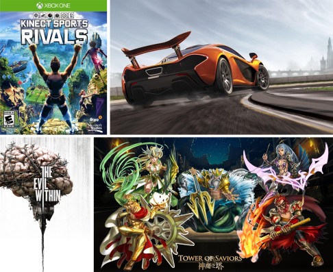 GAME PLANS: (clockwise from top left) motion-triggered games for the Kinect; and the latest Forza Motorsports game from Xbox; Tower of Saviors by Mad Head; The Evil Within will be released on both PlayStation and Xbox systems.