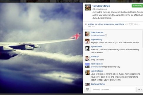 Tom Daley posted photos of fuel being dumped mid-air to his Instagram account. Photo: SCMP Pictures