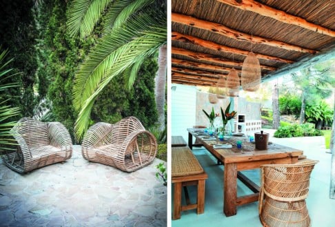 Left: rattan seats in the outdoor area give off a vintage vibe. Right: The outdoor chill-out area has an extended Balinese dining table.