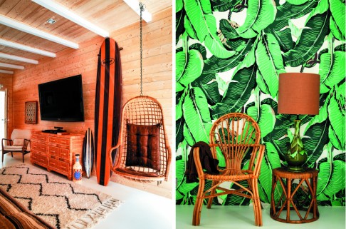 Left: the boys' room decorated with surfboards is a favourite hangout for the teens. Right: in the guest cabana, Legrand used this Beverly Hills Hotel original wallpaper by Designer Wall Coverings.
