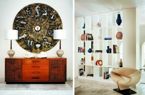 Left: above a vintage cabinet in the living room is Legrand's favourite piece, a striking 1970s Zodiac sign wall fixture from Antiques & Modern Design in Miami. Right: a Pierre Paulin ribbon chair is positioned in front of the library.
