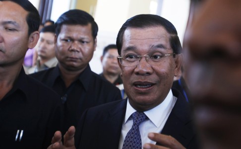 Cambodia's Prime Minister Hun Sen, speaks to media after a meeting at the National Assembly on Friday. Photo: Reuters