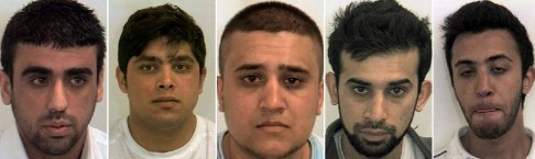 Mohsin Khan, Zafran Ramzan, Umar Razaq, Razwan Razaq and Adil Hussain received lengthy jail terms in 2010 after they were convicted of grooming teenagers for sex in Rotherham. Photos: SCMP
