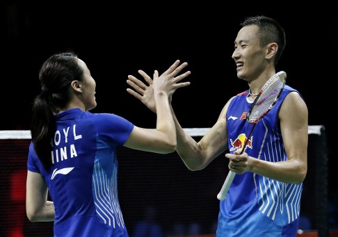 China’s Zhao Yunlei and Zhang Nan celebrate their victory over compatriots Xu Chen and Ma Jin in the mixed doubles. Photo: AP