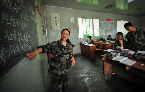 Teachers and students wear military-style uniforms.