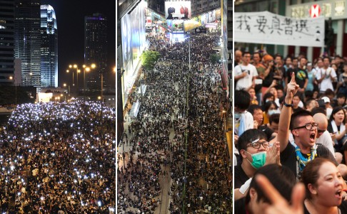Protesters occupying the main roads (from left) outside the government headquarters in Admiralty, outside Sogo department store in Causeway Bay and Mong Kok