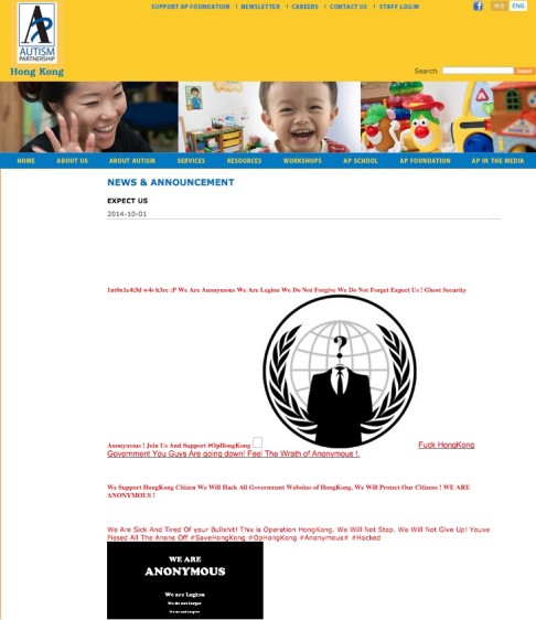 An Autism Partnership site hacked by Anonymous. Photo: SCMP Pictures