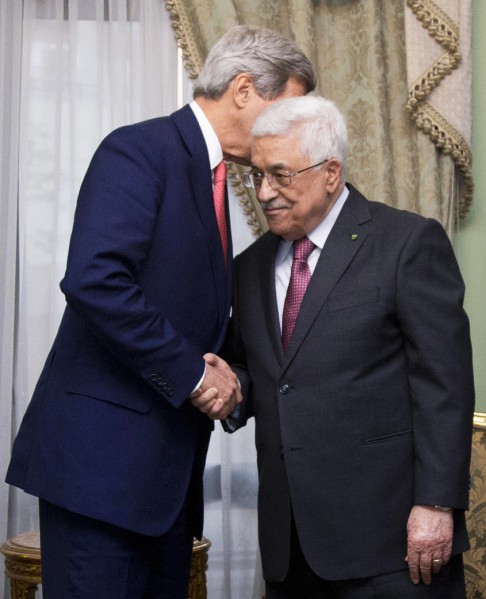 John Kerry with Mahmoud Abbas at the meeting. Photo: AP