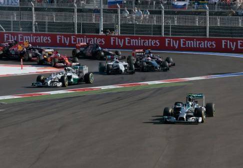 Nico Rosberg leaves the track at the first corner of the Russian Grand Prix. The German drove a superb race to finish second after needing to change tires after the first lap.