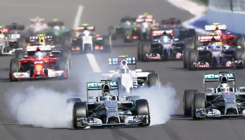 Nico Rosberg of Mercedes and teammate Lewis Hamilton head for the first corner at the Sochi Autodrom circuit. Photo: EPA