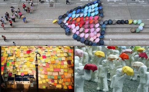 Artworks that could be archived include the umbrellas in Causeway Bay, the Post-it notes on the "Lennon Wall" in Admiralty and these models in Tamar. Photos: Martin Chan, Robert Ng, Felix Wong