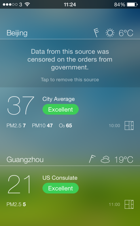 Screenshot showing censorship message in the China Air Quality Index app. Photo: SCMP Pictures