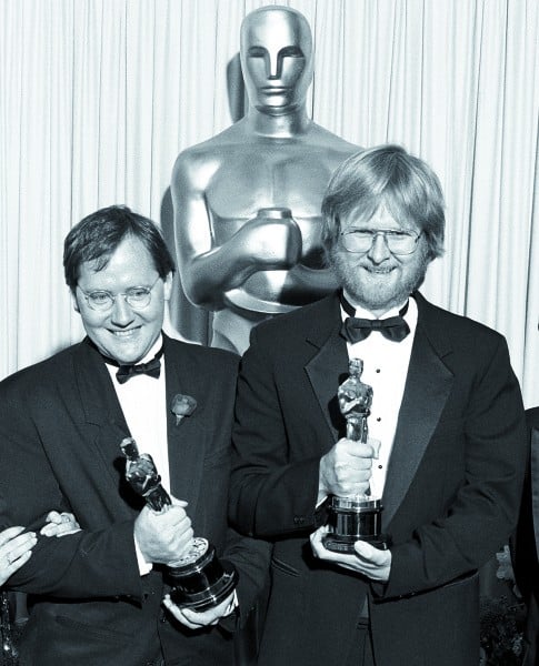 Lasseter (left) and producer William Reeves in 1988 with the Oscars they
won for Tin Toy, the animated short that laid the groundwork for Toy Story.