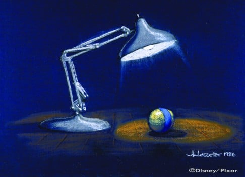 A hand-drawn sketch of the lamp that become Luxo Jr.