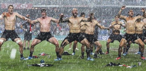 Team New Zealand perform Haka to celebrate their win at Cup Final match vs. Team England at the Final day of the Cathay Pacific/ HSBC Hong Kong Rugby Sevens 2014 on March 30, 2014. Photo: Felix Wong