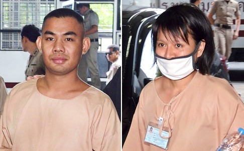 Thai university student Patiwat Saraiyaem (left), who acted in 'The Wolf Bride', and producer Porntip Mankong are sent to prison. Photos: AFP