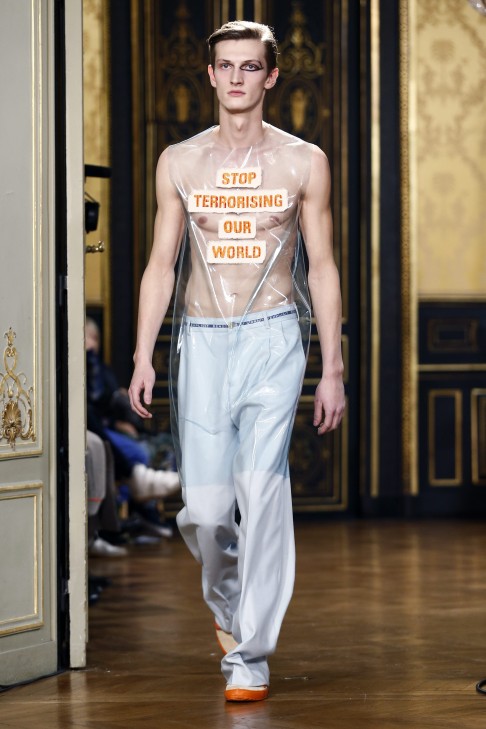 "Stop Terrorising Our World" reads the slogan from Belgian designer Walter Van Beirendonck, a response to the recent shootings in Paris. Photo: EPA
