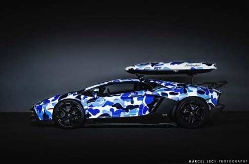 Lamborghini Aventador in arctic “Bape” camouflage, with roofrack and skibox, by Dynamic Performance. Photo: Marcel Lech 