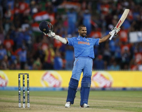 India's Shikhar Dhawan celebrates his second century of the Cricket World Cup during their comfortable pool B win over Ireland in Hamilton. Photo: AFP