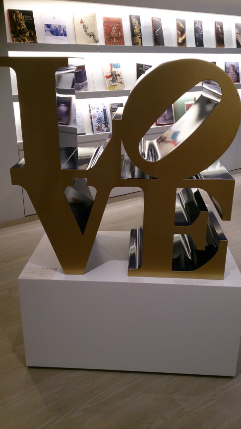 The gold/blue edition of Robert Indiana's pop art sculpture "Love".