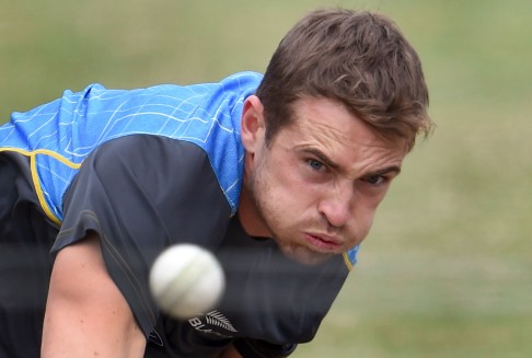 New Zealand bowler Tim Southee sends down a delivery during a training session before the Cricket World Cup final. 