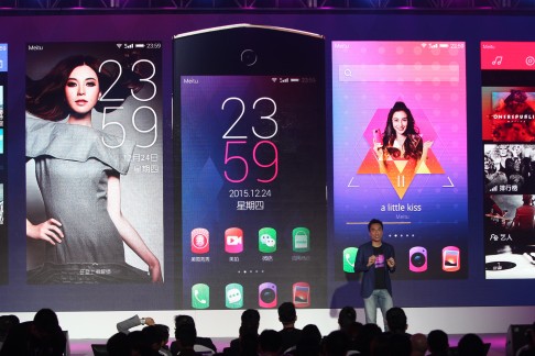 Kinson Loo, president of Meitu Mobile, introduces the new M4 smartphone at an event in Beijing on April 8, 2015. Photo: Simon Song