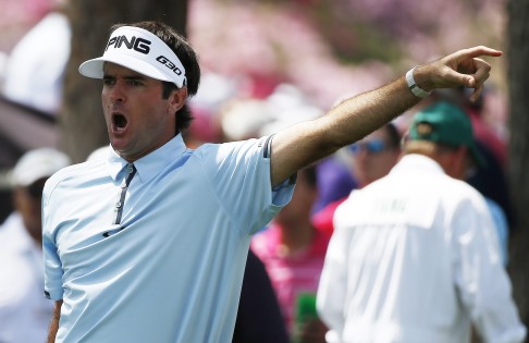 Defending champion Bubba Watson shouts fore on 17 after his tee shot went awry. Photo: EPA