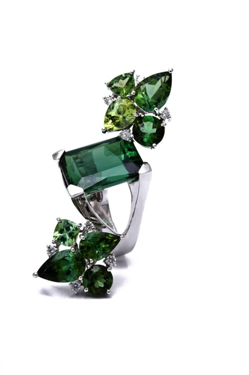 Mixed green tourmalines and diamond earrings with green tourmaline mahjong ring. 