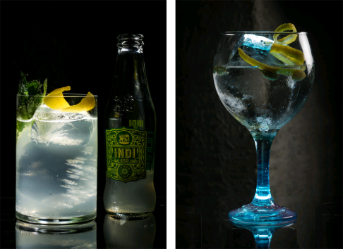 G&Ts made with (left) Xoriguer Pomada with mint leaves and lemon zest; Mombasa Club Colonel's Reserve with cardamom and lemon rind.