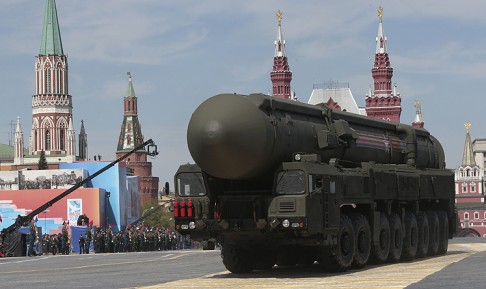 A Russian YARS intercontinental ballistic missile is driven past during the Victory Parade. Photo: AP 