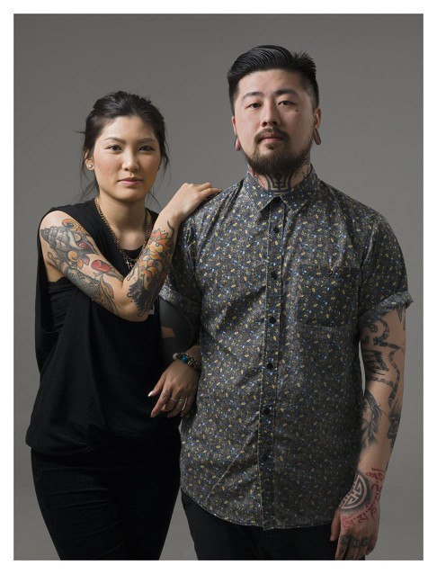 Jennifer and Vince run The Company Tattoo in Mong Kok. Bold lines, a graphic sensibility and strong colours define Vince’s artworks.  The Company provides a great example of the new style of tattoo studios evident now in the Hong Kong scene. DESKTOP USERS CLICK ON THIS IMAGE TO LAUNCH PHOTO GALLERY. Photos: Helen Mitchell