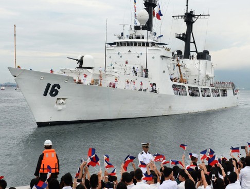 The Philippine navy Hamilton-class cutter, the BRP Ramon Alcaraz, which had been decomissioned by the US coastguard, arrives at Subic Bay. Photo: AFP