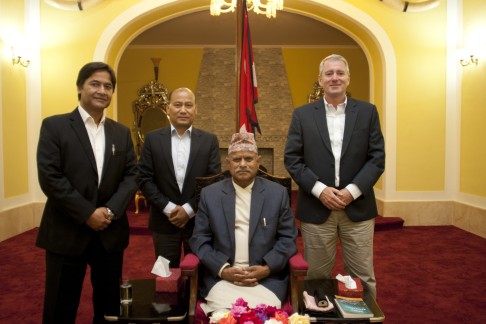 John Wood, Room to Read's Nepal country director Udaya Manadhar (left) and Dinesh Shrestha, co-founder and director of field operations, meet President of Nepal Dr Ram Baran Yadav (seated). They told the president of Room to Read's commitment to help Nepal's education system recover from this year's earthquakes. Photo: Rishi Amatya/Room to Read
