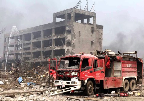 A destroyed fire engine at the blast core. Photo: Xinhua