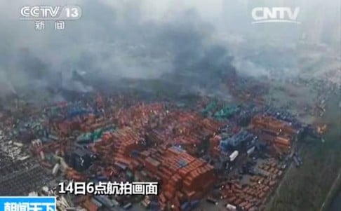 A screen grab from state television showing the devastation near the dangerous goods warehouse. Photo: SCMP Pictures