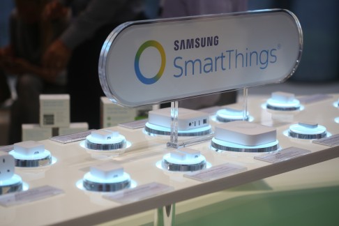Smart internet hubs and motion sensors by Samsung are on display at the IFA consumer electronics show in Berlin on Thursday. Photo: Bloomberg