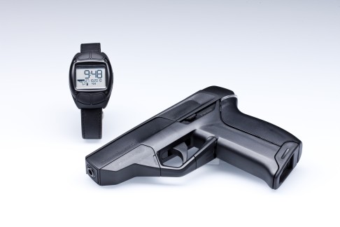 The Armatix iP1 pistol and the iW1 active RFID watch are more on the James Bond end of things. The smart gun contains electronic chips that mean it will only fire if it is within range of the watch. Photo: The Washington Post