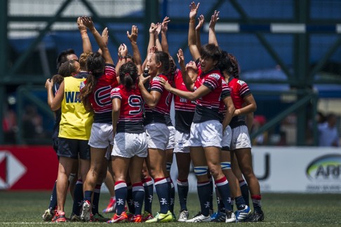 Hong Kong’s senior women celebrate a hard-fought and historic win over Japan in the semis of the opening leg in 2014 before going on to lose against China in the Cup final. They’re looking to go one step further this weekend at the China Sevens.