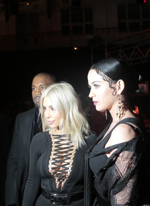Kanye West, Katy Perry and Kim Kardashian attend Givenchy's autumn-winter fashion show in Paris in March 2015.