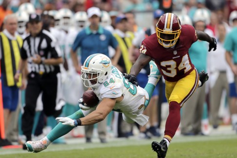 Miami Dolphins tight end Jordan Cameron (84) catches a pass for a first down in front of Washington Redskins free safety Trenton Robinson. Photo: AP