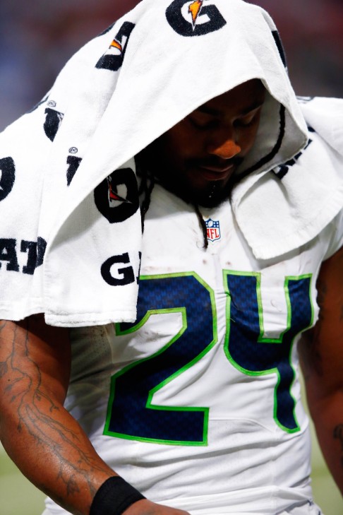 Marshawn Lynch was kept on the losing side by the Rams. Photo: AFP