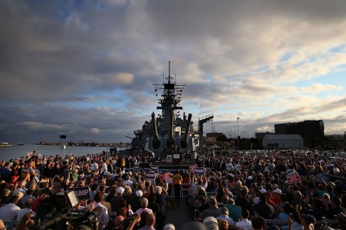 Trump speaks at a campaign rally aboard the USS Iowa in Los Angeles. Photo: AFP