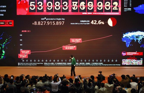 Ma looks back at a giant electronic screen showing real-time sales figures of the company's Taobao.com and Tmall.com e-commerce platforms during China's 'Singles' Day' online shopping festival, at the company headquarters in Hangzhou, Zhejiang province. Photo: Reuters