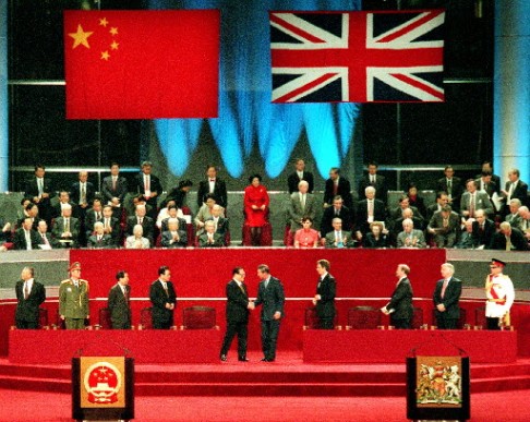 Jiang Zemin shakes hands with Britain's Prince Charles at the handover ceremony, to mark Hong Kong's return to Chinese sovereignty at midnight, 30 June 1997. Photo: ROBERT NG/SCMP
