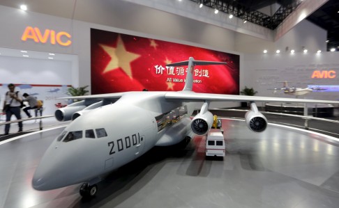  Aviation Industry Corporation of China displays a model of a Y-20 military transporter aircraft at Aviation Expo China 2015. Photo: Reuters