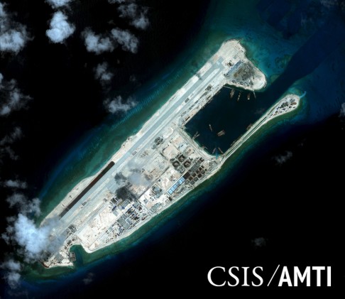 Fiery Cross Reef is shown in a satellite image dated September 3, 2015. Photo: Handout/CSIS Asia Maritime Transparency